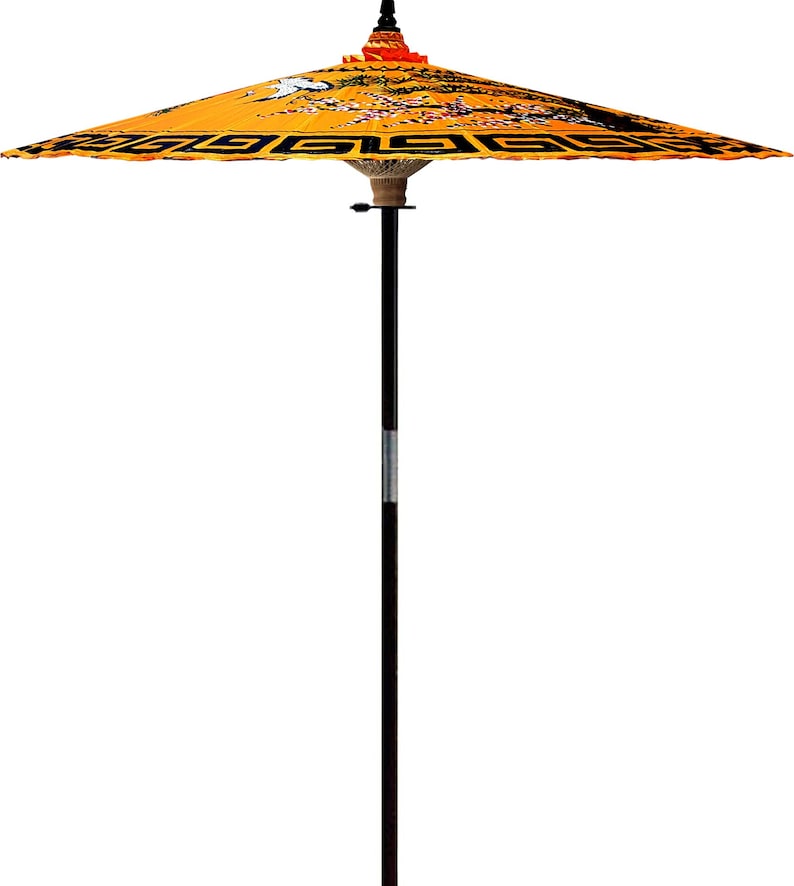 7ft Orange Two Cranes Hand-painted and Handmade Outdoor Garden Umbrella Handmade From Bamboo and Hardwood Patio Umbrella