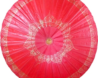 35" Red Traditional Thai Umbrella - Waterproof Asian Umbrella