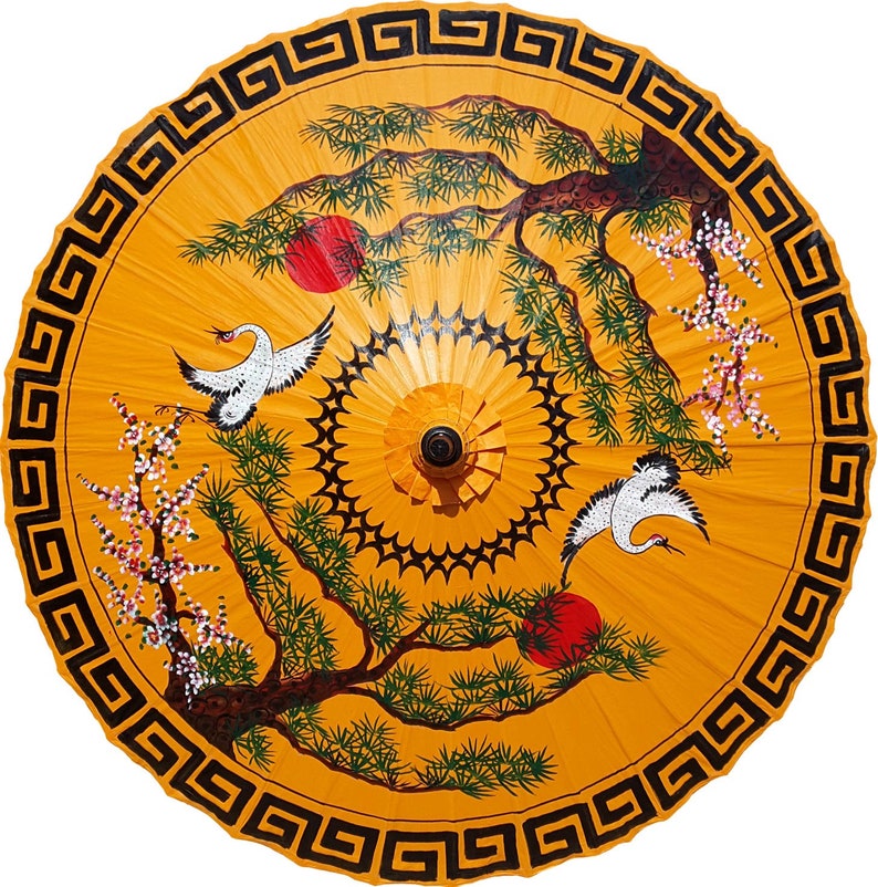 7ft Orange Two Cranes Hand-painted and Handmade Outdoor Garden Umbrella Handmade From Bamboo and Hardwood Patio Umbrella