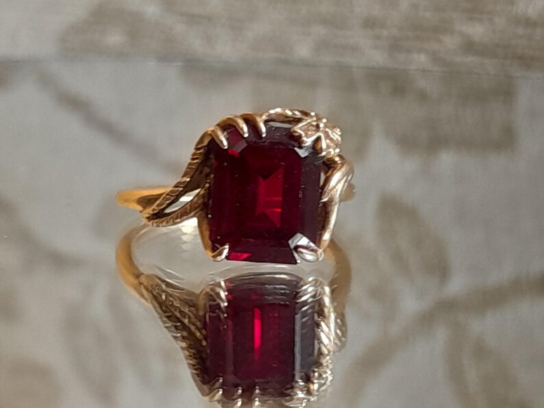 REDUCED TO CLEAR / Art Nouveau Jugendstil 9ct Gold Stylised Hand And Flower Ruby Ring, Unusual, Rare image 4