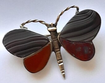 Antique Victorian Scottish Agate And Jasper Sterling Silver Butterfly Brooch