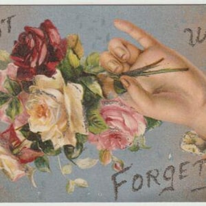 Biglietto d'amicizia vittoriano antico, "Per non dimenticare", mano che tiene rose