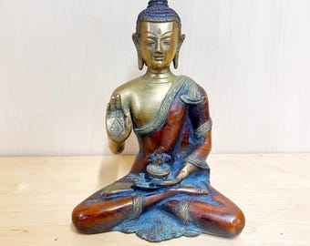 Antiek Tibetaans bronzen medicijn-boeddhabeeld: jaren 1850