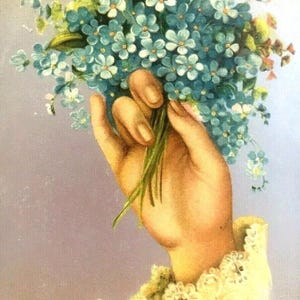 Ancienne carte postale de voeux d'amitié victorienne, main tenant des fleurs, belle