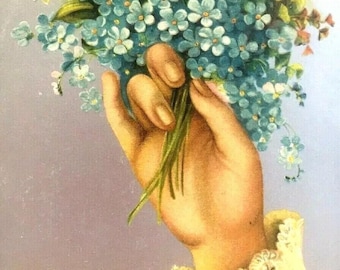 Antique Victorian Friendship Postcard, Hand Holding Flowers