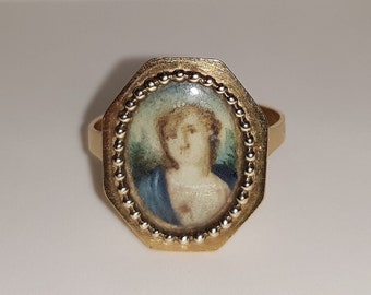 フランスアンティークリング、ミニチュア肖像画、14金無垢、18世紀