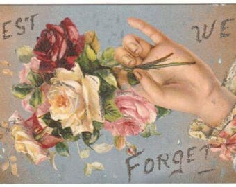 Antique Victorian Friendship Card, Lest We Forget, Hand Holding Roses