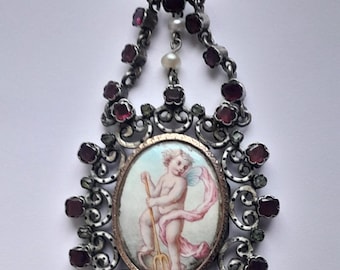 Antik fransk georgiansk sterlingsilver ängel/kerub miniatyrporträtt medaljonghänge, sällsynt
