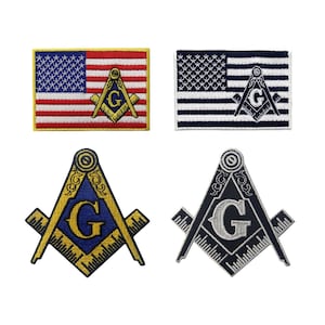 May include: Two embroidered patches featuring the American flag with a Masonic compass and square overlay. The patches are available in two color schemes: red, white, and blue with gold accents and black and white with silver accents.