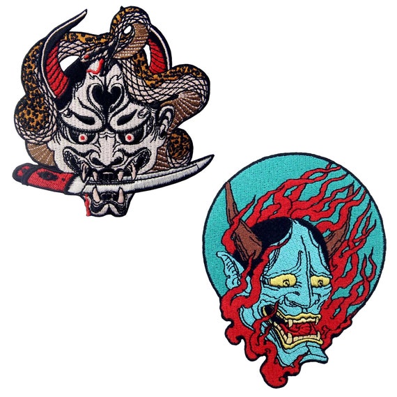 Japanese Hannya Oni Demon Flames High Quality 100% Embroidered Patch Iron-On Japanese Hannya Oni Demon Flames High Quality 100% Embroidered Patch Iron-On