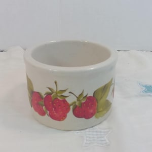 May include: A ceramic container with a cylindrical shape. The exterior is cream-colored and decorated with a repeating pattern of red strawberries and green leaves. The container is empty.