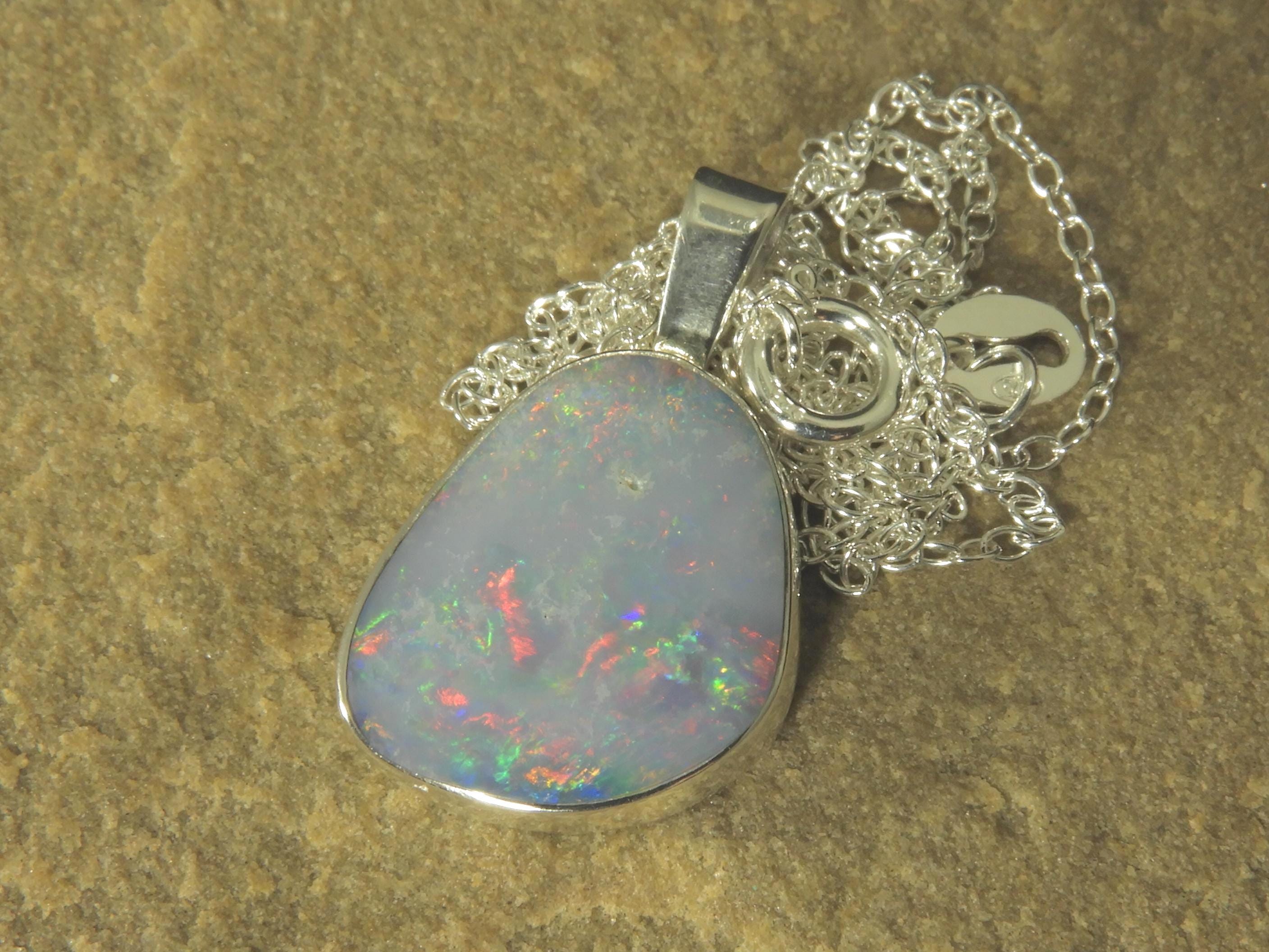 Blue opal pendant opal necklace Sterling Silver + 18” chain bright red, blue and green fires.
