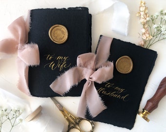 Black Vow Books With Blush Ribbon, Handmade Paper, His and Hers Vow Books, Wedding Vows, Calligraphy Vow Books, Deckled Edge Paper, Wax Seal