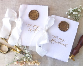 Wedding Vow Books with Deckled Edge Handmade Paper, White Silk Ribbon, Wax Seal Vow Books, Calligraphy Vow Books, His And Her Wedding Vows