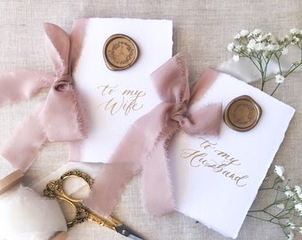 Blush Silk Ribbon Vow Books, Romantic Wedding Vow Books With Calligraphy, Custom Vow Book, Handmade Paper, Wax Seal Vow Books, Deckled Edges