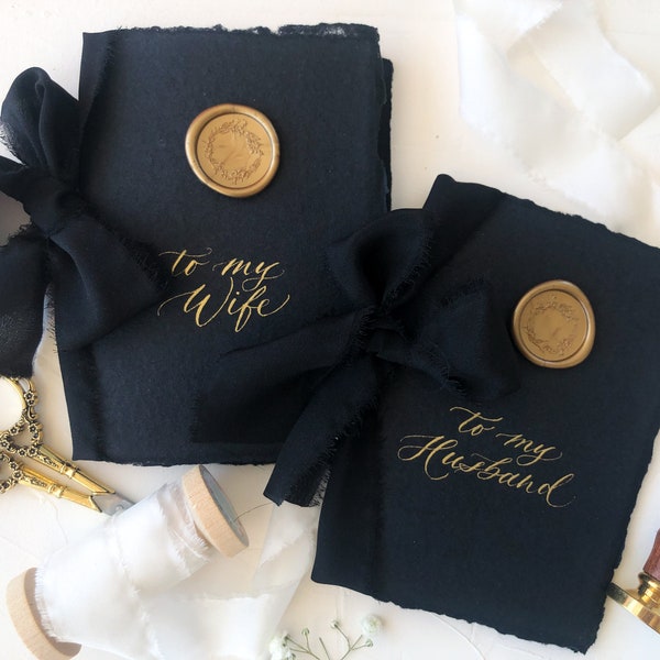 Elegant Black Wedding Vow Books With Black Silk Ribbon, Wax Seal Vow Books, Custom Calligraphy Vow Books, Wedding Vows, Handmade Paper