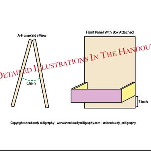 May include: Diagram showing how to build a wooden A-frame easel with a front panel and a box attached. The easel is 7 inches tall. The diagram includes a chain connecting the two sides of the A-frame.