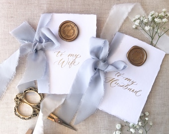 Dusty Blue Silk Ribbon Vow Books With Wax Seal, Calligraphy Vow Books, Wedding Vow Books, His and Hers Vow Books, Paper With Deckled Edges