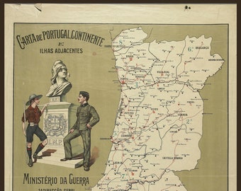 Könnte beinhalten: Eine Vintage-Karte von Portugal mit roten Linien und Punkten, die Orte markieren. Die Karte trägt den Titel "Carta de Portugal Continente e Ilhas Adjacentes" und enthält den Text "Ministério da Guerra 1.ª Direcção Geral 4.ª Repartição Instrução Militar Preparatória e Carreiras de Tiro 1915 Edição Privativá".
