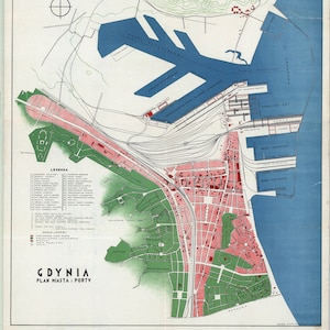 Gdynia map - Gdynia city print - Europe map - Map of Poland - Map art- Poland map art - Vintage city map - Poland map - 1930