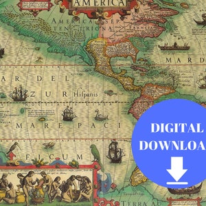 America Map, Old World Map, Digital Old World Map, Vintage World Map, PRINTABLE Map, Large World Map, Antique World Map, 1554 Map