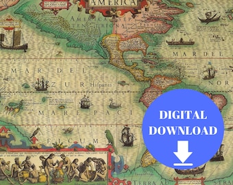 America Map, Old World Map, Digital Old World Map, Vintage World Map, PRINTABLE Map, Large World Map, Antique World Map, 1554 Map