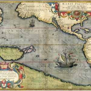 Ancienne carte de l’océan Pacifique et des pays côtiers 1589, ancienne carte de l’Amérique, carte de l’Amérique, carte vintage, impression de carte ancienne, cartes anciennes