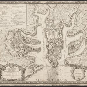 May include: Antique map of Malta, featuring detailed illustrations of the island's geography, including coastlines, fortifications, and settlements. The map is in black and white, with text in French and Latin. The map is framed with decorative borders.