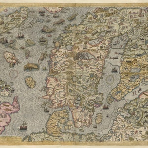Island Karte, Norwegen Karte, Schweden Karte, Dänemark Karte, Skandinavien Alte Karte, digitale Karte Drucken, druckbare Karte Kunst, Antike Landkarte, 1539