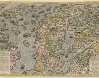 Iceland Map, Norway Map, Sweden Map, Denmark Map, Scandinavia Old Map, Digital Map Print, Printable Map Art, Ancient Maps, Antique Map, 1539