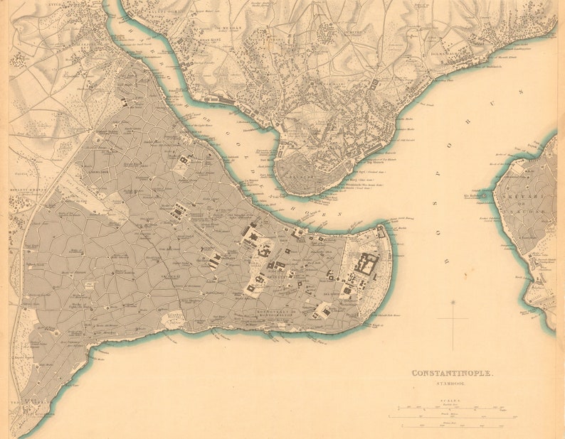 Mapa de Constantinopla, Mapa de Constantinopla, Mapa de Constantinopla Antigua, 1840 imagen 1