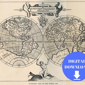 Old World Map, Digital Old World Map, Printable Download, Vintage World Map, PRINTABLE Map, Large World Map, Antique World Map, 1598 Map