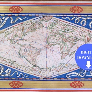 Dieppe World Map, Digital Old World Map Printable Download, Vintage World Map, PRINTABLE Map, Large World Map, Antique World Map 1570 Poster