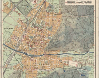 Freiburg Map, Map of Freiburg, Old Freiburg Map, Germany Map, Map of Germany, Germany Map Print, 1930