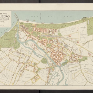 May include: A vintage map of Kolberg, Germany, with a detailed layout of the city and surrounding areas. The map features a river winding through the city, with a large body of water to the north. The map is printed in black, red, and green ink on a cream-colored background.