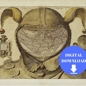 Old World Map, Digital Old World Map, Printable Download, Vintage World Map, PRINTABLE Map, Large World Map, Antique World Map, 1590 Map