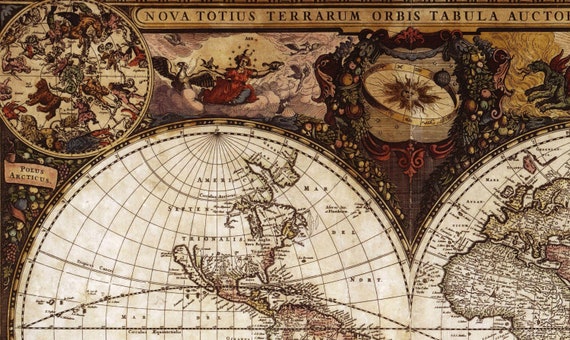 アンティーク世界地図、旧世界地図、デジタル地図プリント