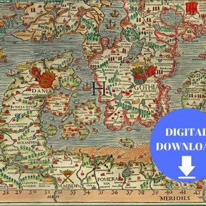 Part of Carta Marina, Denmark Map, Sweden Map, Sweden Map Vintage, Denmark Map Poster, Old Europe Map, Vintage Europe Map, Antique World Map