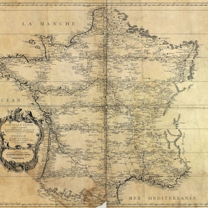 Mapa da França Vintage, Mapa da França, Mapa da França, Arte da parede do mapa da França, Mapa da França para impressão, Impressão do mapa da França, Mapas antigos, Impressão de mapa antigo, 1744
