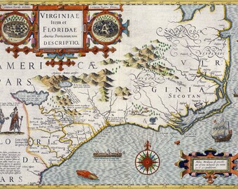 North Carolina Map, Map of North Carolina, Yodokus Hondius, 1619, Ancient World Maps, Ancient Maps, Old World Map, Digital Old World Map