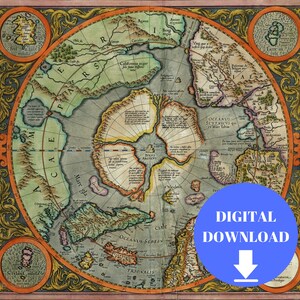 May include: An antique map of the world, printed in a circular format. The map is centered on the Arctic region and shows the continents of Europe, Asia, and North America. The map is surrounded by a decorative border with floral motifs. The map is printed in a variety of colors, including blue, green, brown, and yellow. The map is titled "OCEANUS SCYTHICVS qui et Mare Tabia" and includes text in Latin.