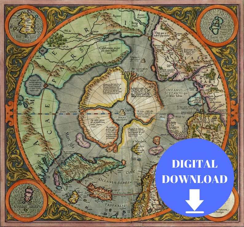 North Pole Map, Digital Map Print, Printable Map Art, Vintage Map Print ...