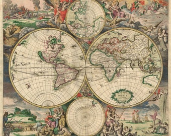 Gerard van Schagen - Carte historique de la reproduction du monde, Old World Map, Digital Old World Map, carte du monde vintage, 1689 Carte