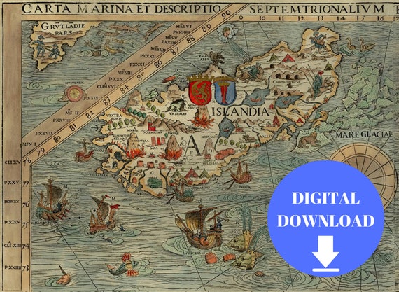Part Of Carta Marina Map Iceland Map Old World Map Digital Etsy Norway