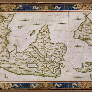 May include: An antique world map with a parchment background and green and brown landmasses. The map is surrounded by a blue and gold border with ornate scrolls.