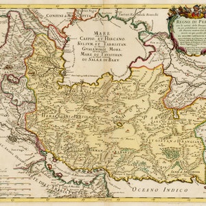 May include: An antique map of Persia, showing the regions of the country in detail. The map is printed on aged paper with brown and red lines outlining the regions. The map is titled "Regno di Persia" and includes a key with a scale.