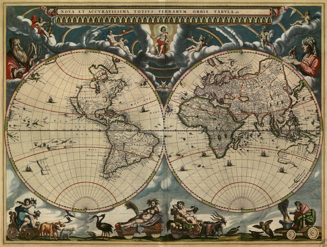 アンティーク世界地図、古い世界地図、デジタル地図プリント