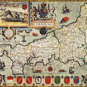 Carte de Cornouailles, Impression de Cornouailles, Ancienne carte de l’Europe, Carte de la vieille Europe, Carte de l’Europe, Téléchargement imprimable, Carte de l’Europe, Carte IMPRIMABLE 1627