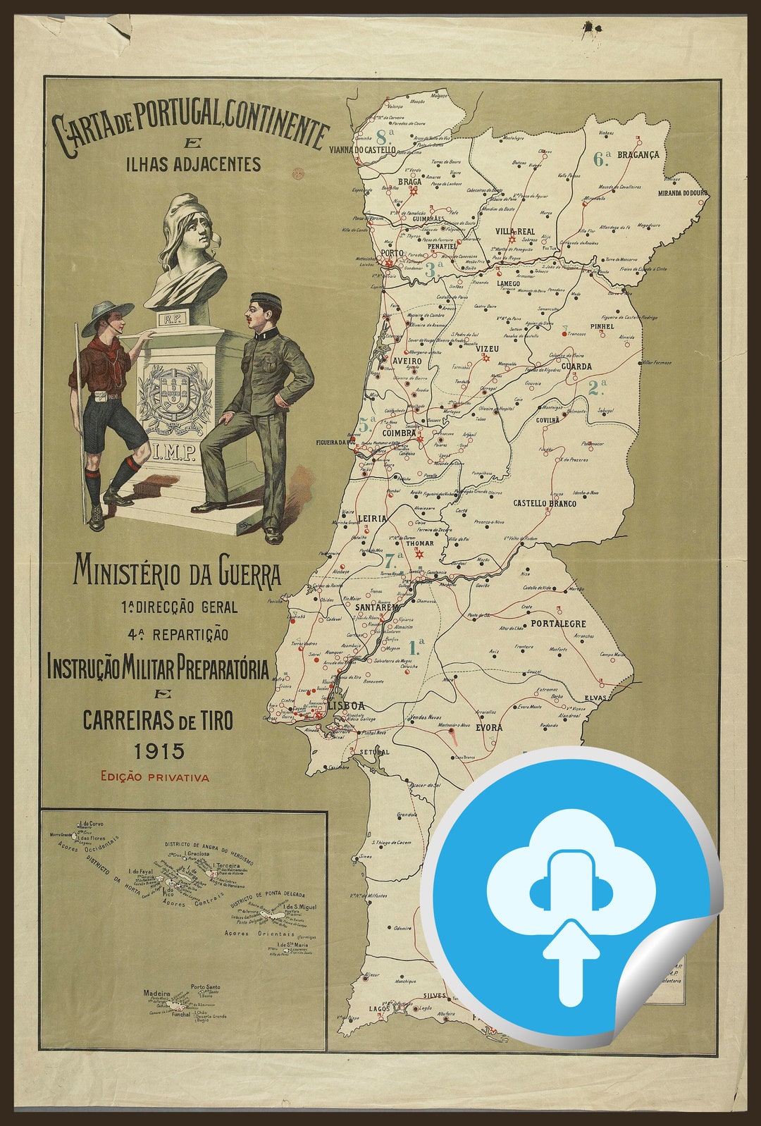 Old Map of Portugal Mapa de Portugal Portuguese map Vintage Map