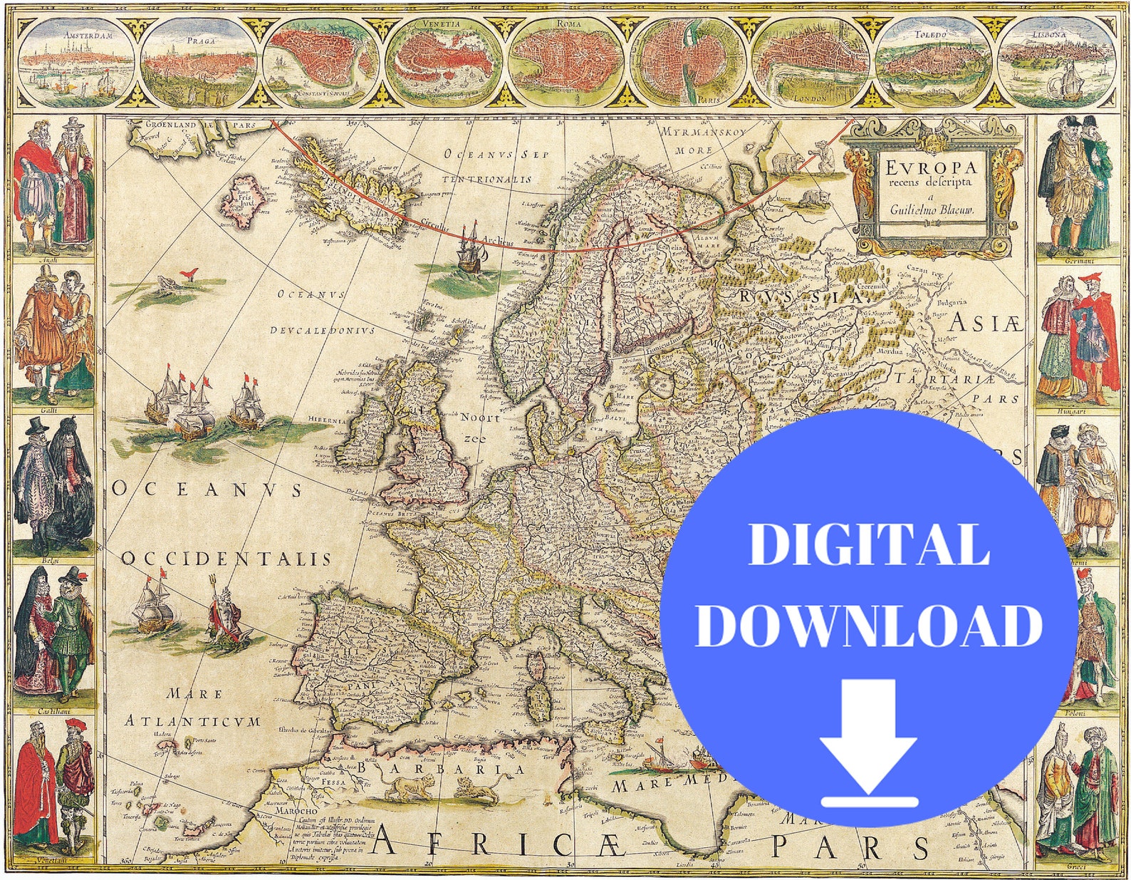 Old Map of Europe, Digital Map Print, Vintage Map, Vintage Map Print